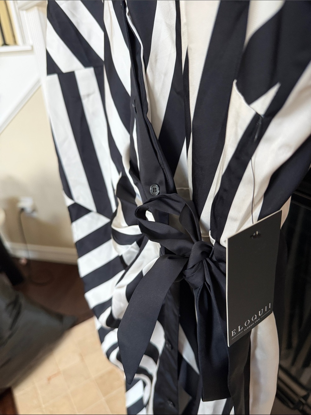 Eloquii Black & off White Diagonal Stripe Wrap Shirt Dress Sz 18 - Picture 6 of 10